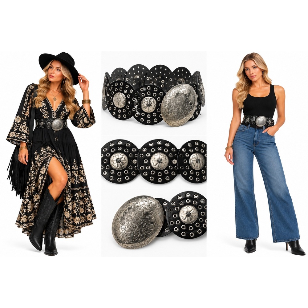 Oxygen OS Black Leather Grommet Concho Disc Belt Silver Buckle Western Y2K